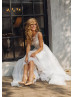 Beaded Light Grey Lace Tulle Deep V Back Wedding Dress